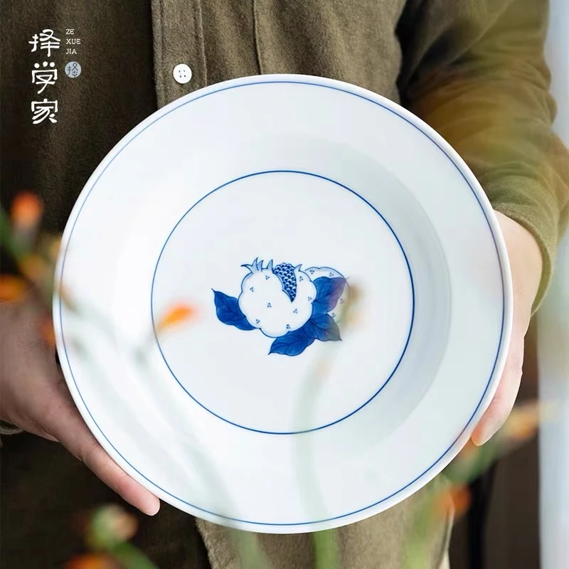 多福石榴碗盘景德镇陶瓷饭碗碟子家用中式青花饭碗盘子菜盘冷面碗
