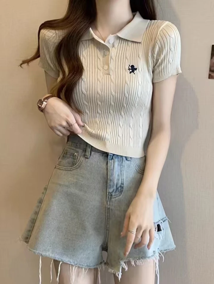 灰色针织冰丝短袖高腰毛针织衫女装撞色夏季polo女