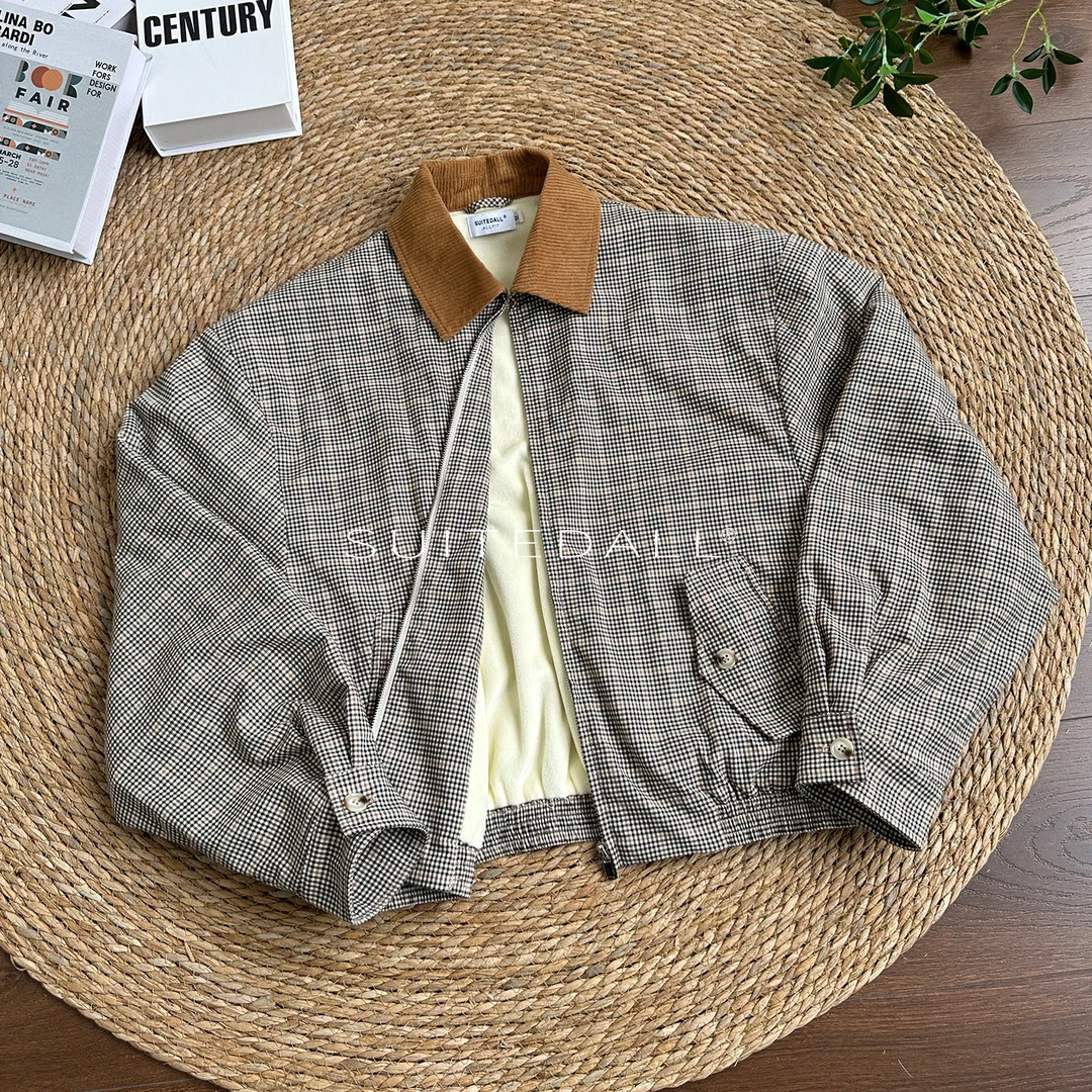 SUITEDALL威尔士亲王千鸟格灯芯绒领短款宽松外套 加绒百搭夹克冬