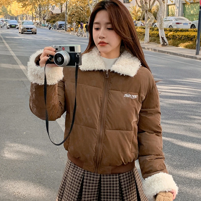 羊羔毛翻领棉服女2025冬装新款复古短款棉衣美式面包服学生外套潮
