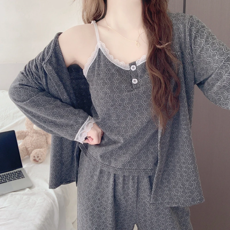 【带胸垫】韩系慵懒风长袖睡衣女款春秋季提花棉吊带三件套装家居服