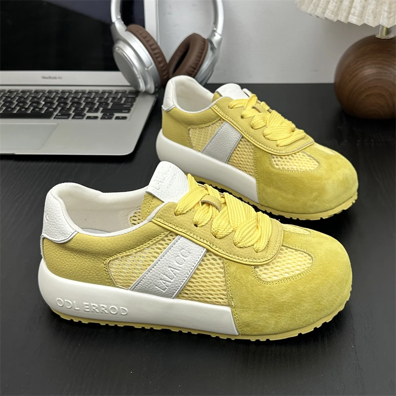 真皮网面透气德训鞋女2025新款厚底系带运动休闲复古百搭潮阿甘鞋