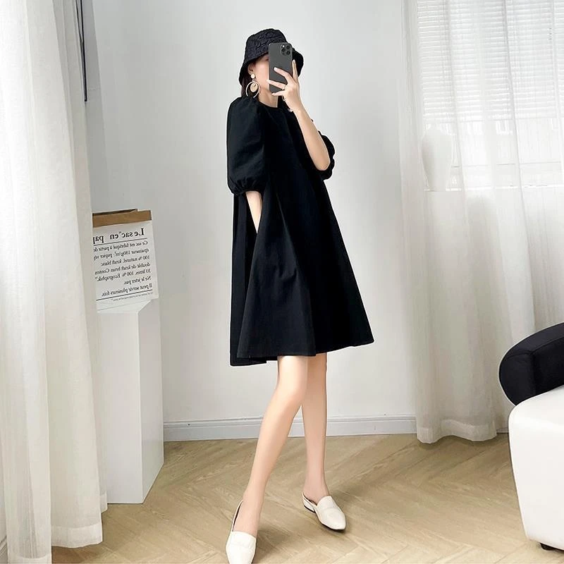 166新款女装夏季宽松显瘦中长款连衣裙女圆领灯笼袖赫本风小黑裙