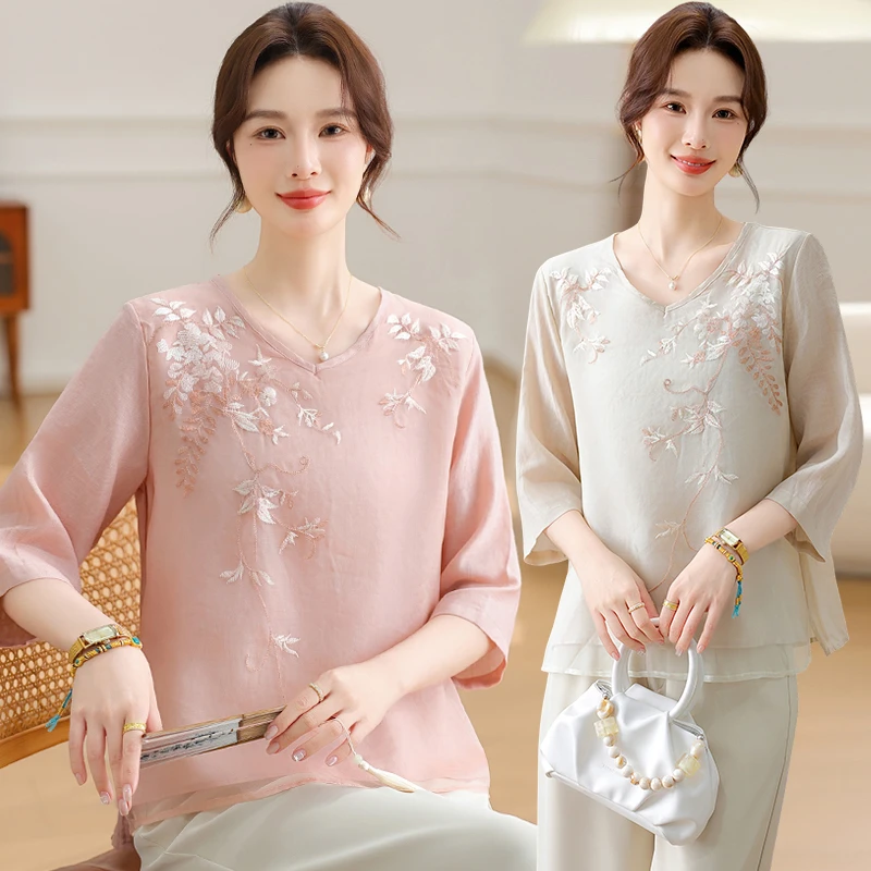 妈妈夏装套装中年女士七分袖上衣中老年女夏季洋气国风小衫两件套