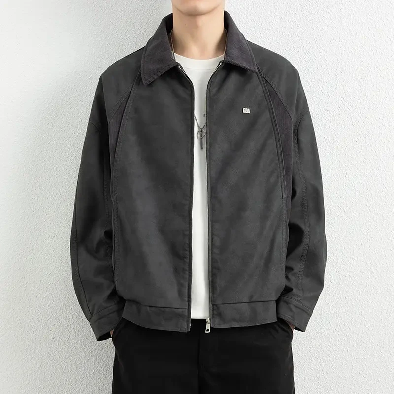 韩版复古拼接皮衣男2025新款潮流休闲宽松翻领外套痞帅高级感夹克