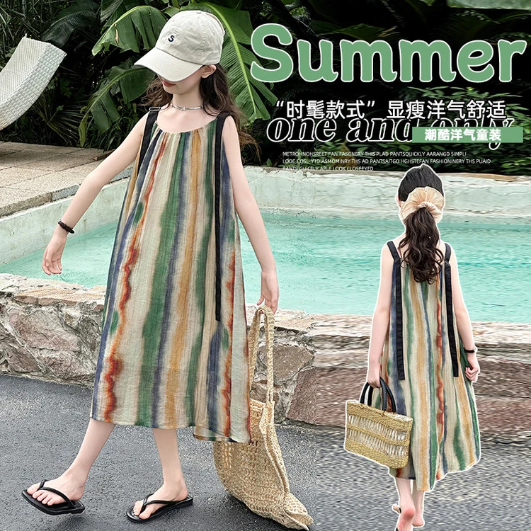 女童吊带连衣裙夏季2025新款中大儿童夏装韩系洋气女孩沙滩背心裙