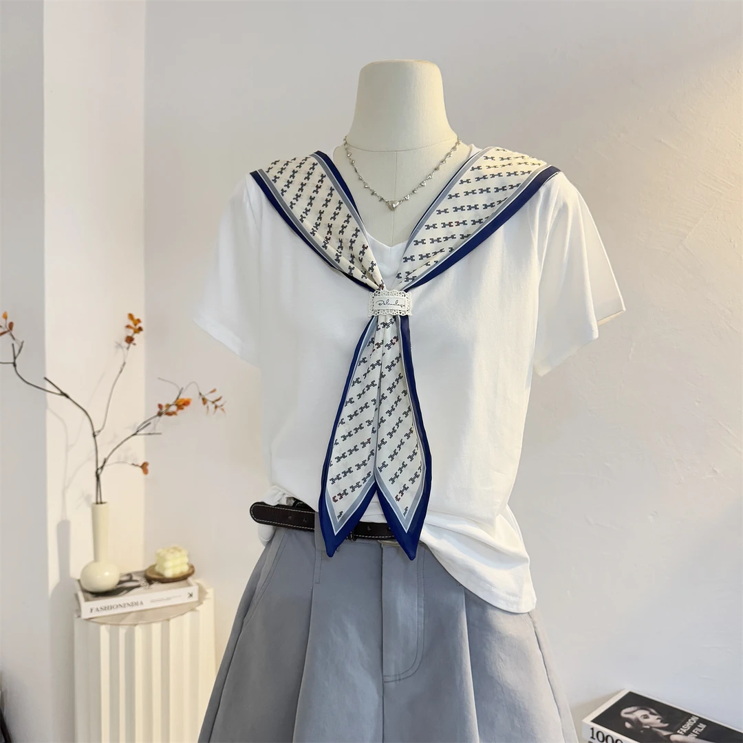 丝巾设计感白色短袖T恤女2025夏季小众宽松显瘦正肩半袖体恤上衣