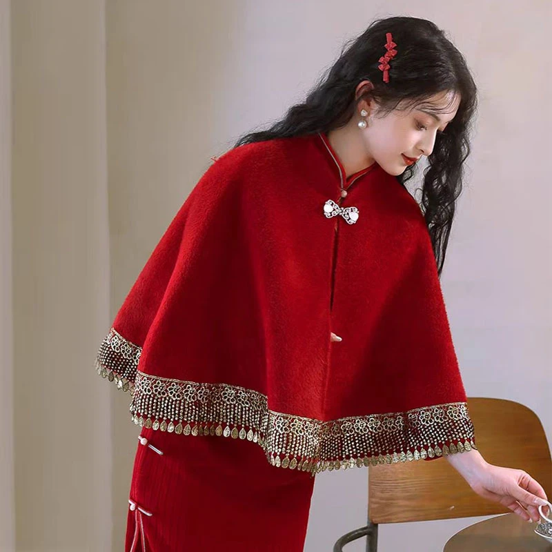 水貂绒披肩女秋冬加厚保暖配旗袍外搭婚礼新娘敬酒红色洋气小斗篷