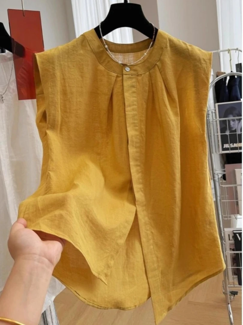 设计感不规则独特圆领无袖衬衫女夏季新款韩版高外穿马甲背心上衣