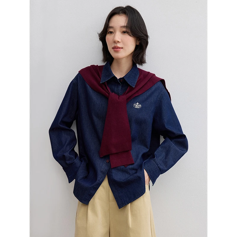 素典复古港味披肩牛仔衬衫春季新款韩系宽松休闲通勤上衣3610