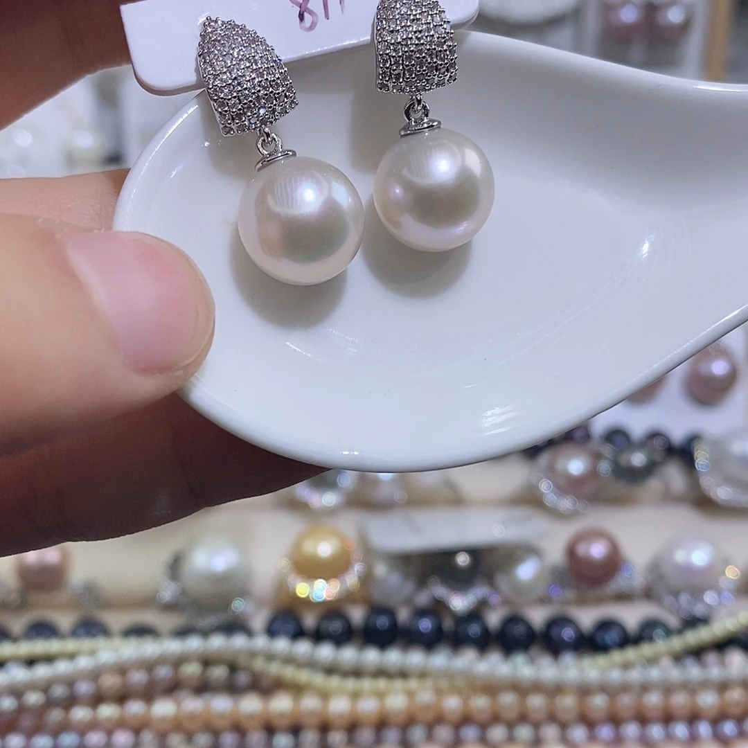 淡水珍珠耳饰银S925镶嵌12mm