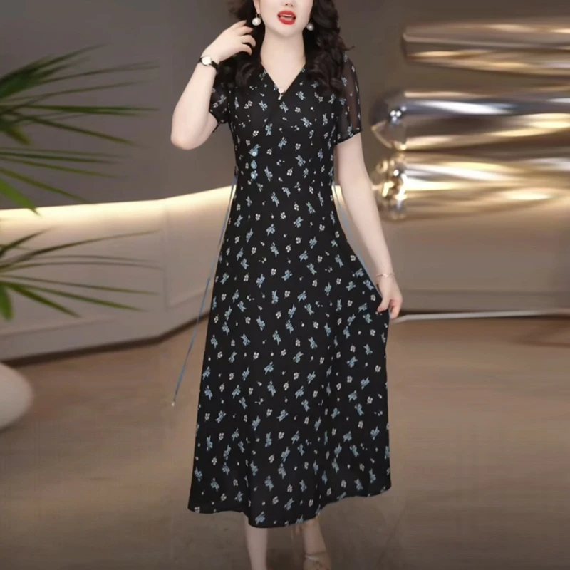 双皱丝洋气衣服女2025夏季新款时尚优雅法式碎花收腰显瘦连衣裙子