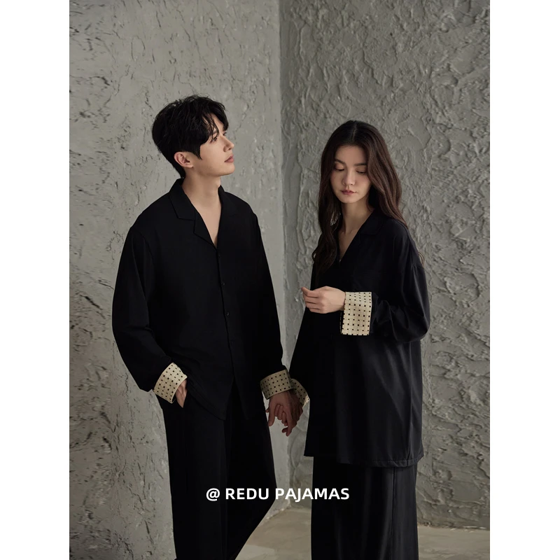 【巨柔软】热妒黑色情侣睡衣女春秋季莫代尔棉带胸垫男士家居服套装