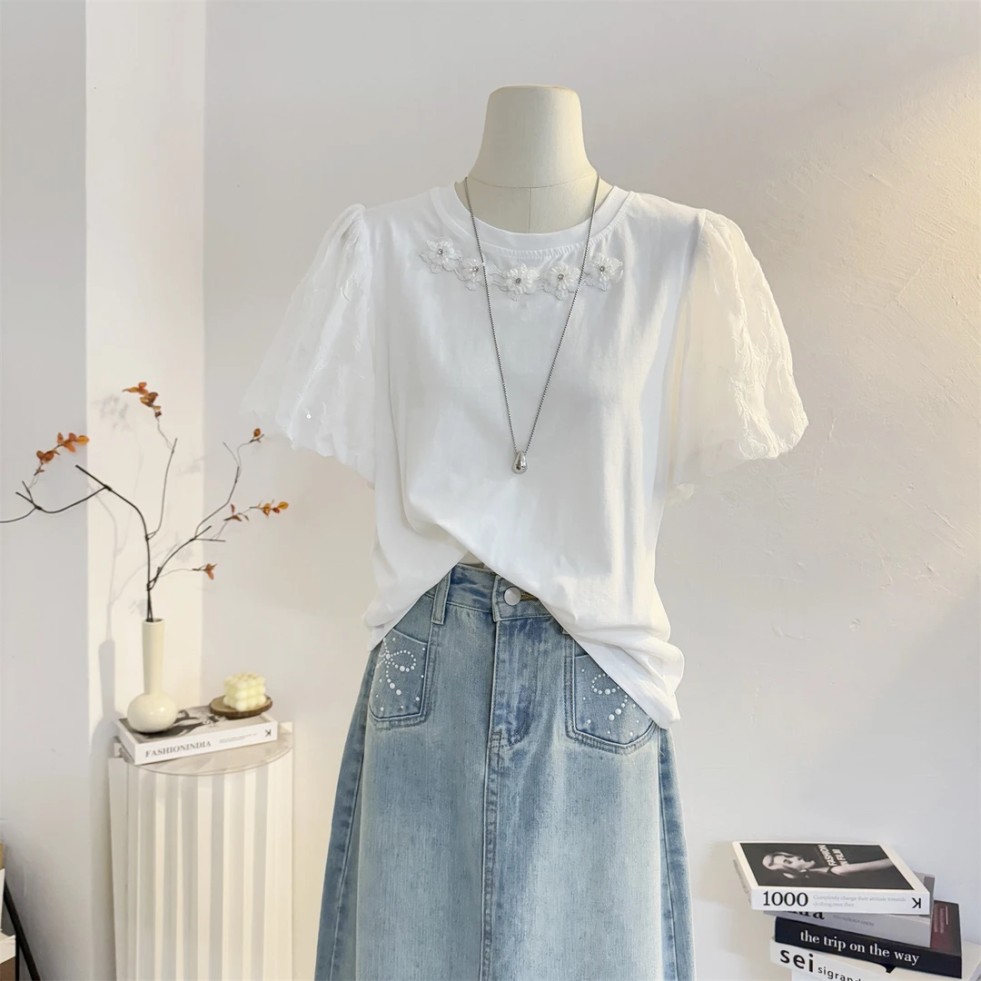 白色圆领泡泡短袖T恤女2025夏季拼接设计感小众立体花朵体恤上衣