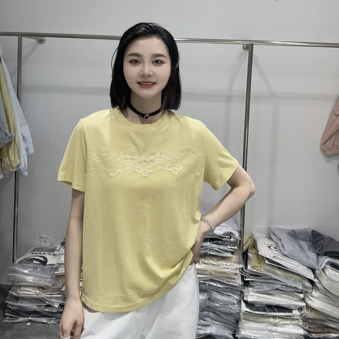 LMM 2575 2025夏季新款时尚圆领拼接蕾丝短袖T恤女宽松显瘦百搭