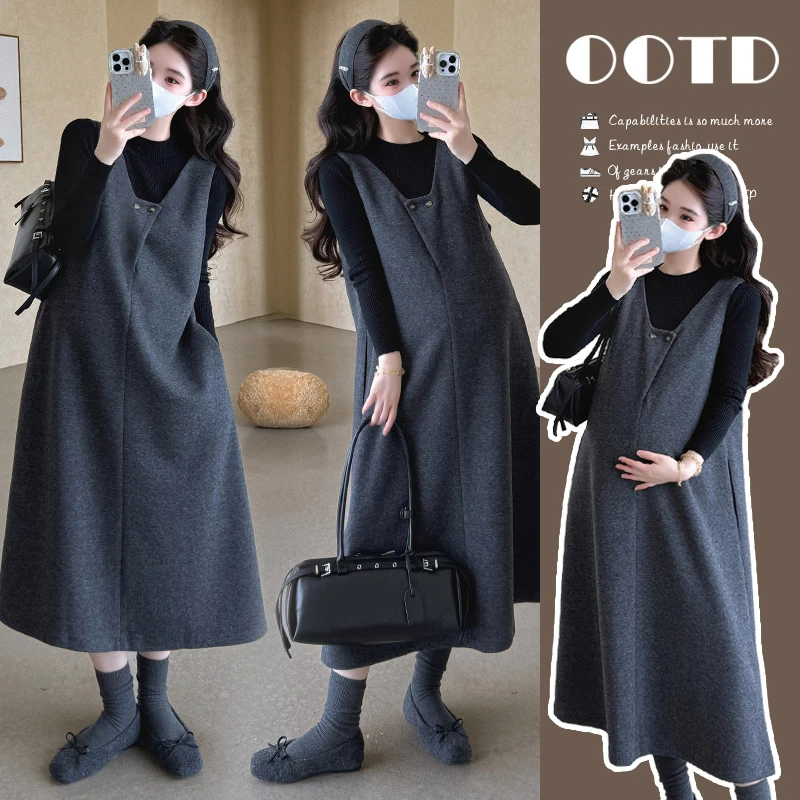 2025新款孕妇装秋冬韩系毛呢糯叽叽前后两穿宽松背心裙慵懒风套装