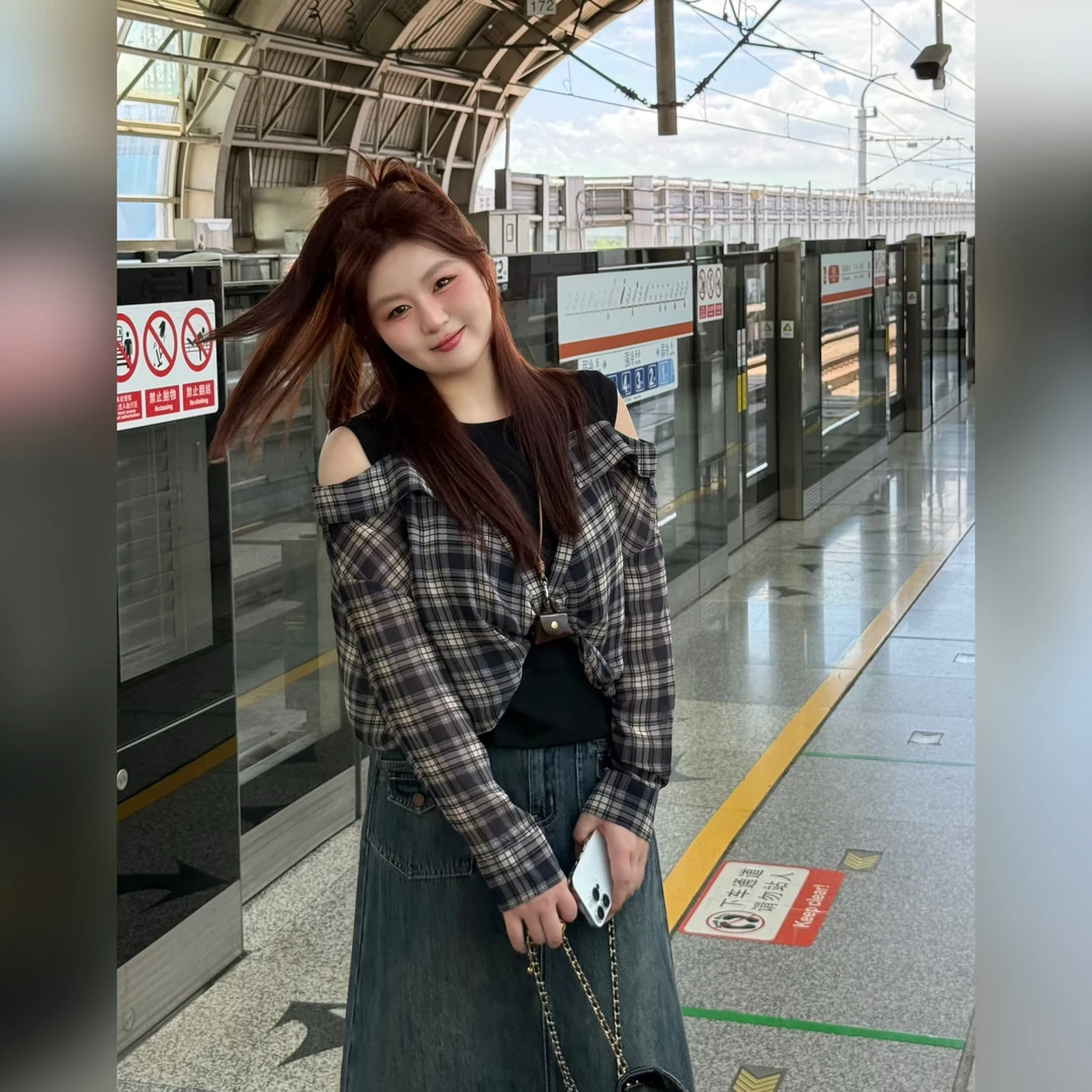 楠序微胖女装 秋装新品格子拼接轻奢衬衫女假两件拼接上衣YZ36693