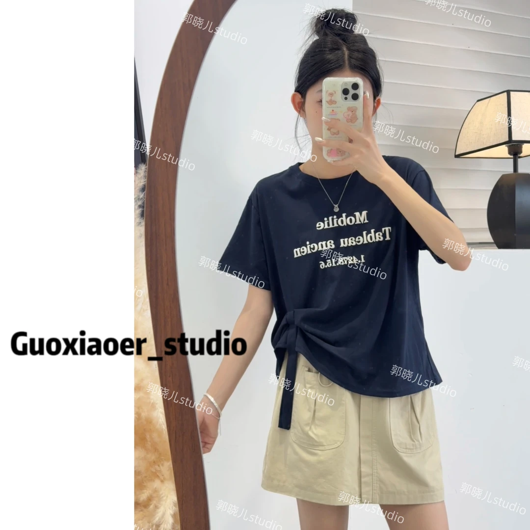 印花短袖宽松型不对称圆领T恤小众白色高腰辣妹ins设计感