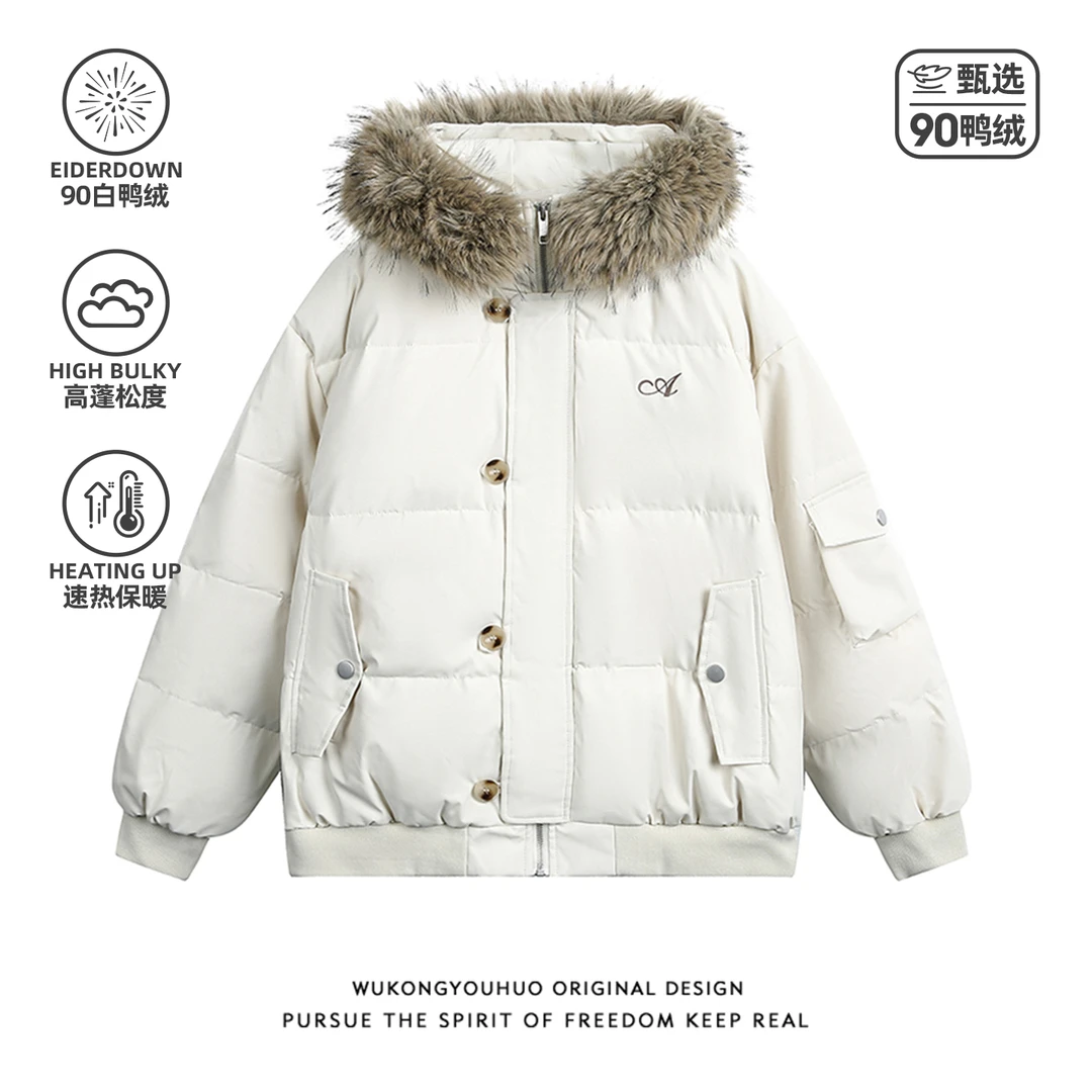 悟空有货冬季潮牌毛领连帽羽绒服男复古情侣保暖90白鸭绒防寒外套