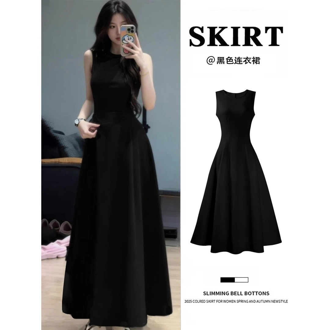 黑色无袖连衣裙女夏韩系冷淡系夏日绝美长款a字掐腰小黑裙子长裙