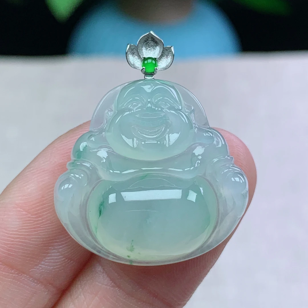 缅甸天然翡翠A货24.8-25.8-7.4玉石冰种飘绿花佛公吊坠礼物时尚