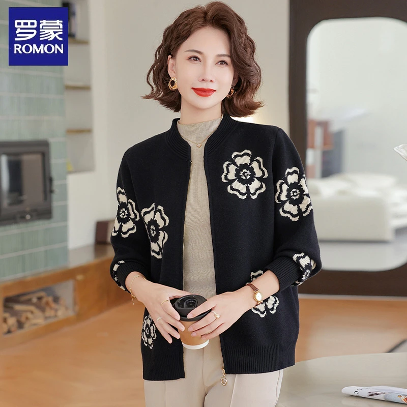 罗蒙中年妈妈五十多岁针织开衫外套春秋2025新款中老年女秋装上衣