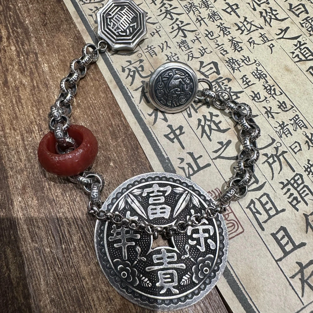 925银手链 S11618 喜字荣华富贵圆牌红色平安扣链条手链