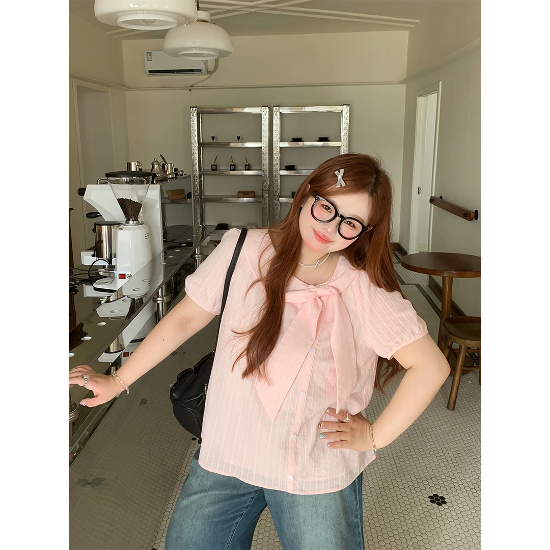 徐达布【米奈山脉】大码雪纺衬衣女夏季流行蝴蝶结上衣C34946C52