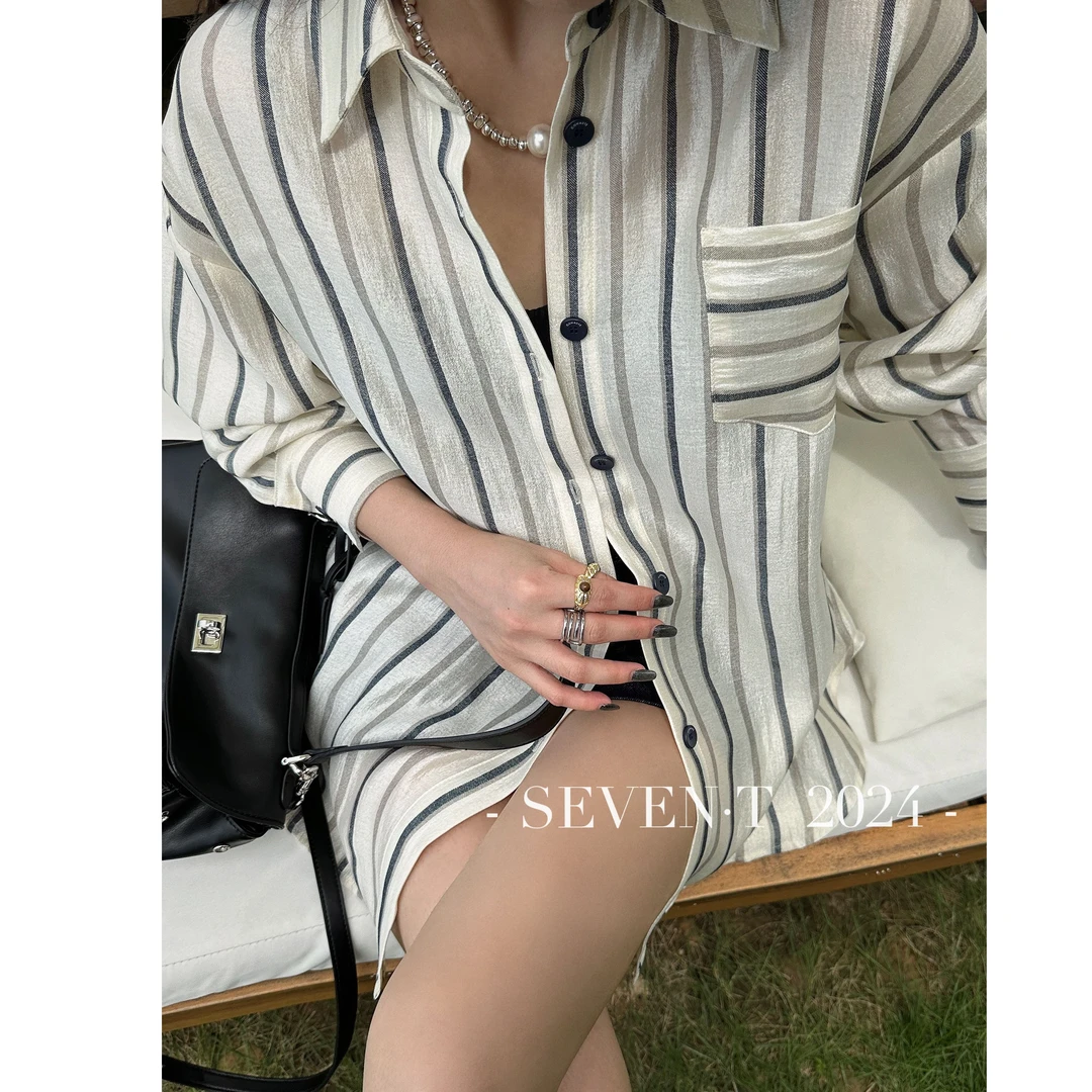 KIKI严选：91130-YFX家欧洲站南油秋季新款时尚显瘦竖条纹衬衫