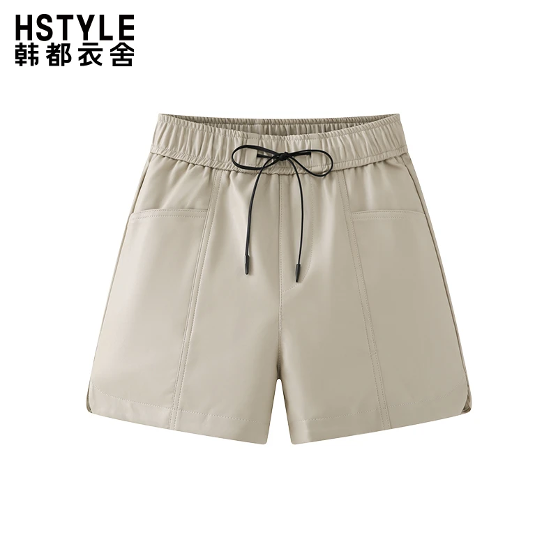 韩都衣舍松紧抽绳高腰直筒PU短裤女设计感小众宽松休闲百搭裤子春