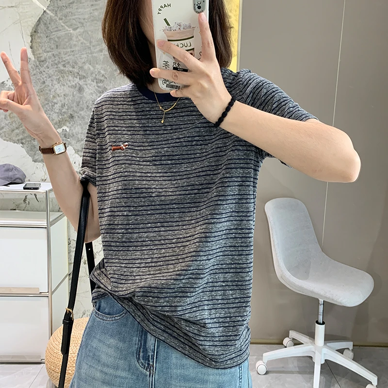 透气薄软雪花棉条纹短袖新款T恤女夏季新宽松圆领上衣70后打底衫