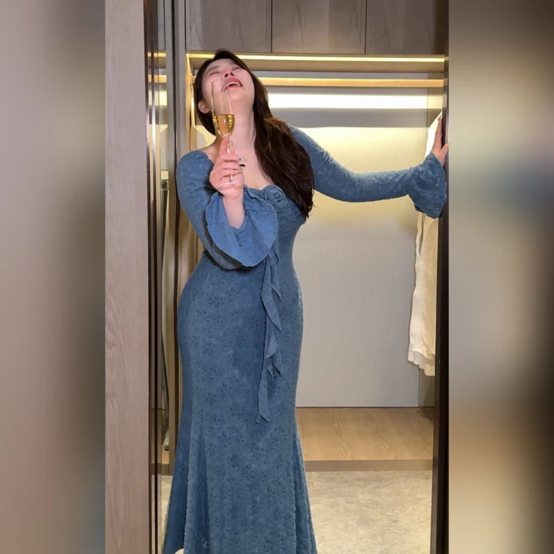 现货速发【碎冰蓝玫瑰】法式复古气质蕾丝长裙收腰显瘦鱼尾连衣裙