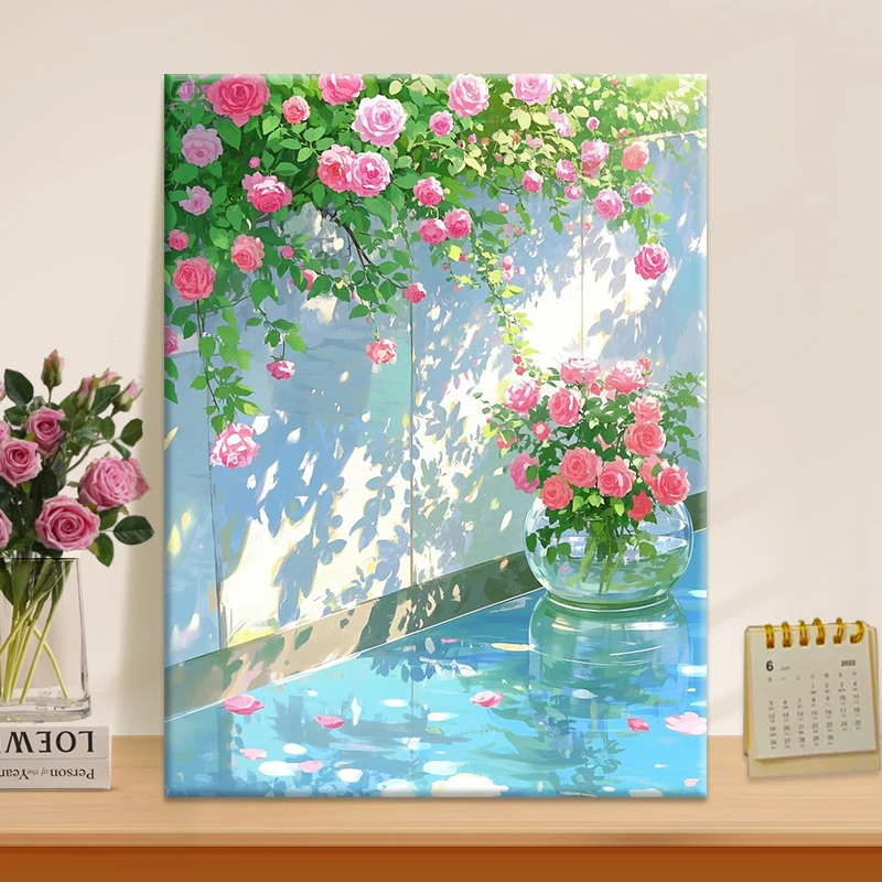 蔷薇花diy数字油画2025款丙烯画手工填充填色治愈系丙烯装饰画