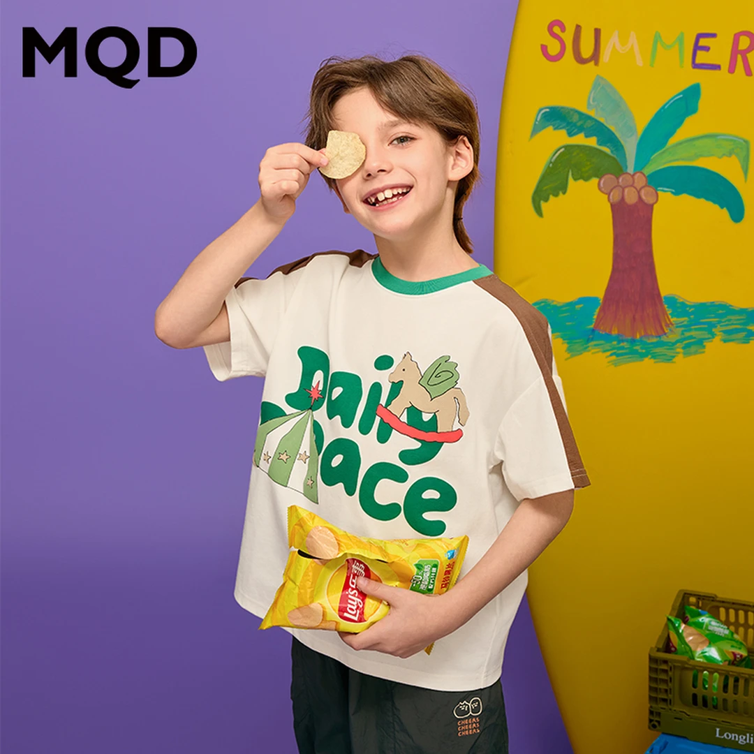 MQD男大童夏季新品学院风潮酷休闲字母插肩袖短袖T恤印花儿童洋气