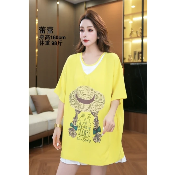 【鑫蕾】中长款印花短袖T恤宽松显瘦休闲风百搭T恤上衣28781