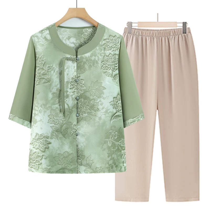 夏季新款复古气质绸面冰凉透气送妈妈开衫七分袖奶奶装老人衣服