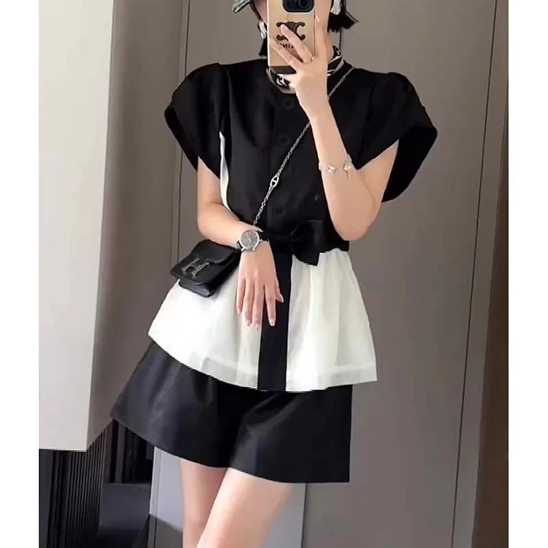 【两件套】设计感时尚气质收腰蝴蝶结短袖衬衫显瘦短裤套装D2636