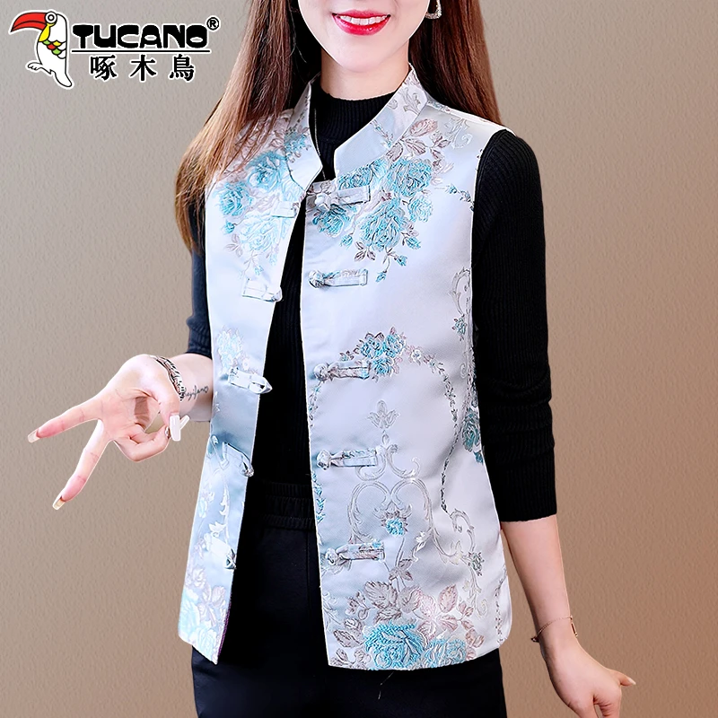 啄木鸟新中式国风马甲女款2025新款春秋女士外穿短款坎肩马夹外套