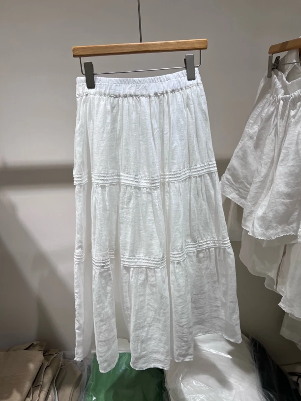 苎麻拼接高腰显瘦百搭中长款A字蛋糕半身裙女