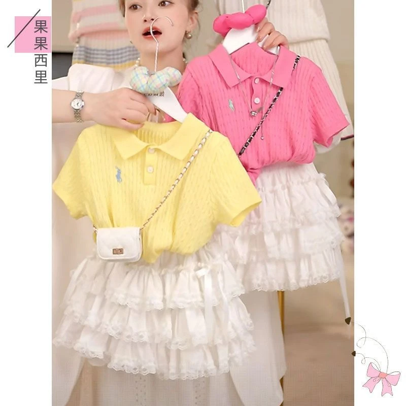 女童针织套装夏季2026新款韩系女宝宝针织衫短袖蕾丝蛋糕裙两件套