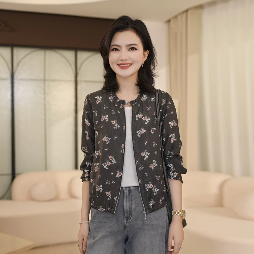 枫竺阿楠anan洋气木耳花边领拉链印花长袖外套女早秋新款休闲上衣