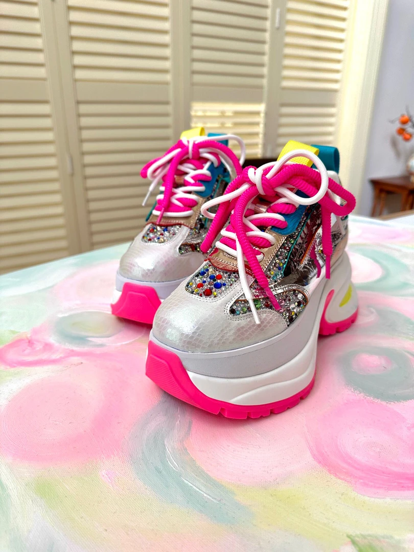 欧洲站厚底老爹鞋女2025爆款拼色透气网纱水钻增高松糕底休闲鞋