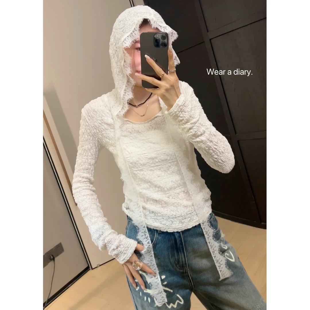 九儿【花开月落】 春夏新款时尚百搭勾花泡泡蕾丝帽衫T8879