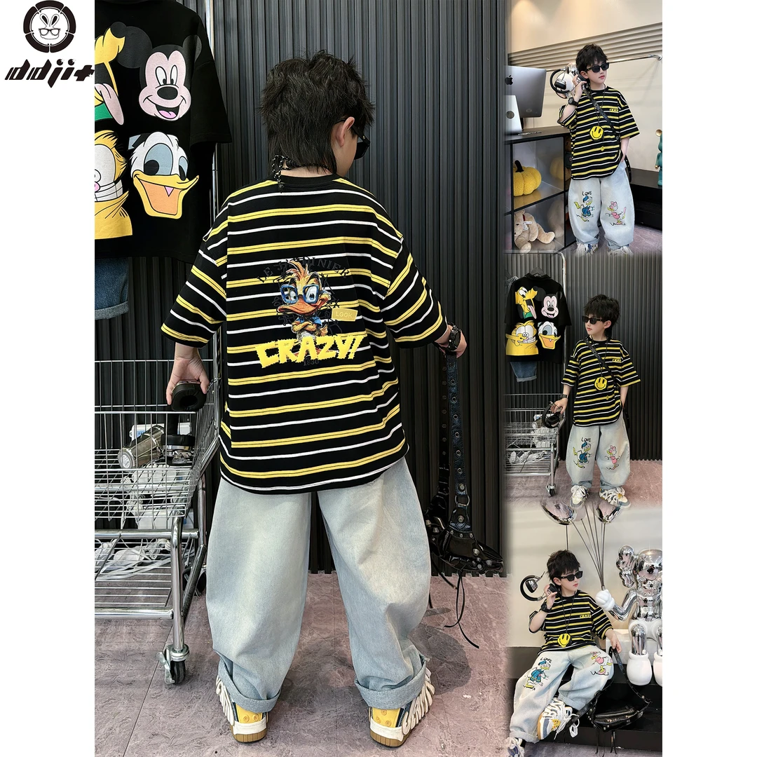 蛋蛋家【是条纹鸭！】夏款时尚街头男童黄黑条纹背面鸭子短袖T恤