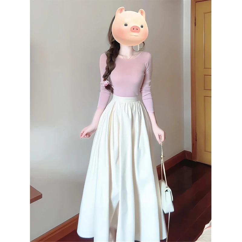 纯欲温柔风一整套早秋季穿搭修身气质长袖上衣女搭配轻奢感半身裙