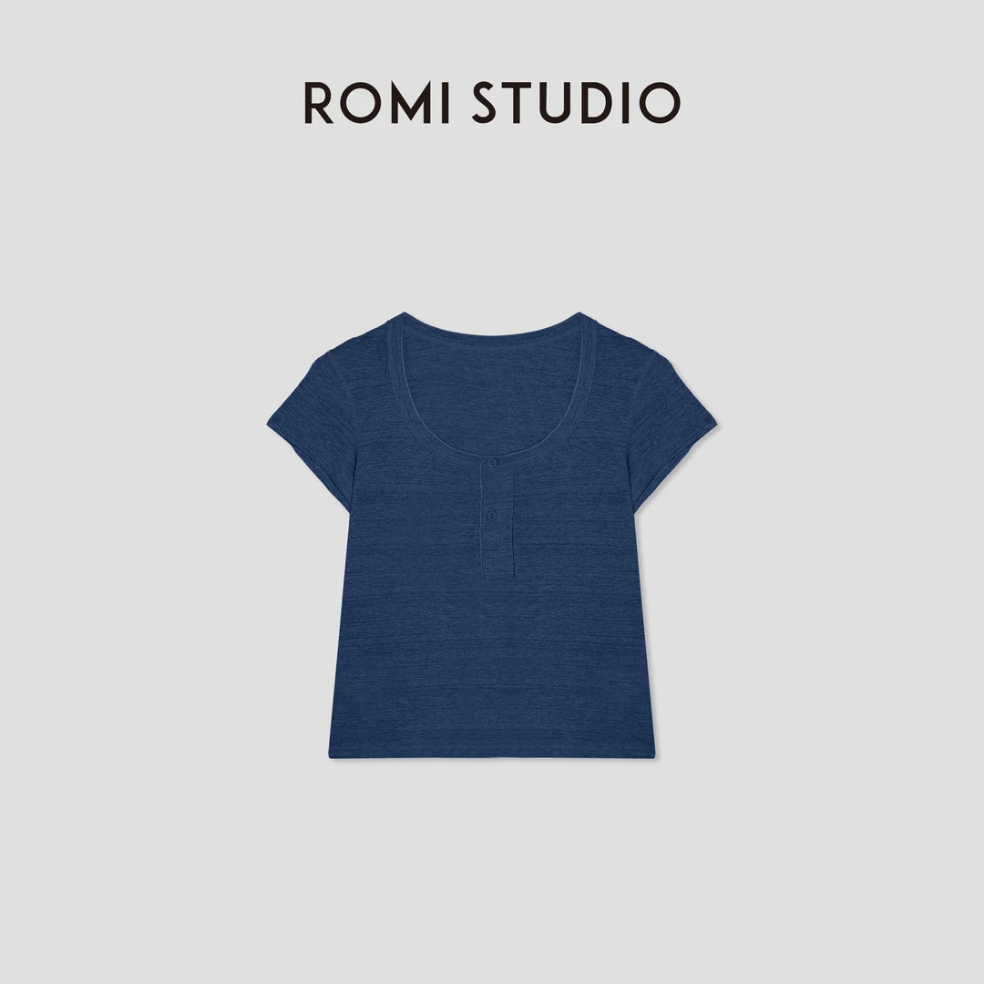 ROMI STUDIO“亨利经典”160G亚麻雪花棉混纺亨利领短袖T恤421T7052