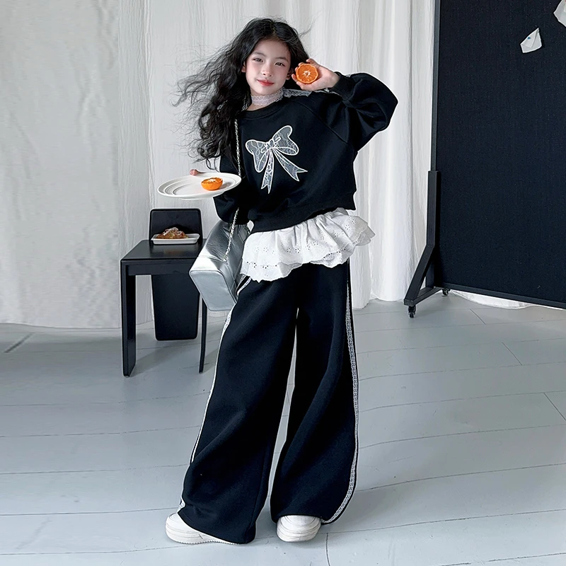 女童2025春秋韩系蕾丝蝴蝶结双杠条纹卫衣休闲宽松直裤两件套潮
