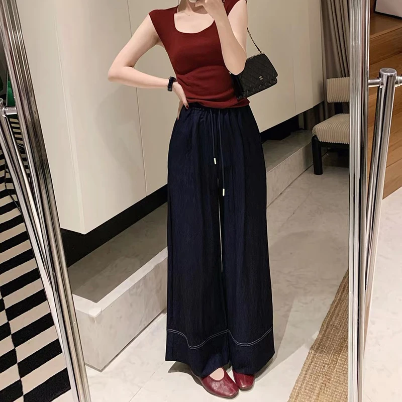 凉感丝滑高腰阔腿冰丝牛仔休闲裤韩系宽垂感裤子2025夏季薄款 009