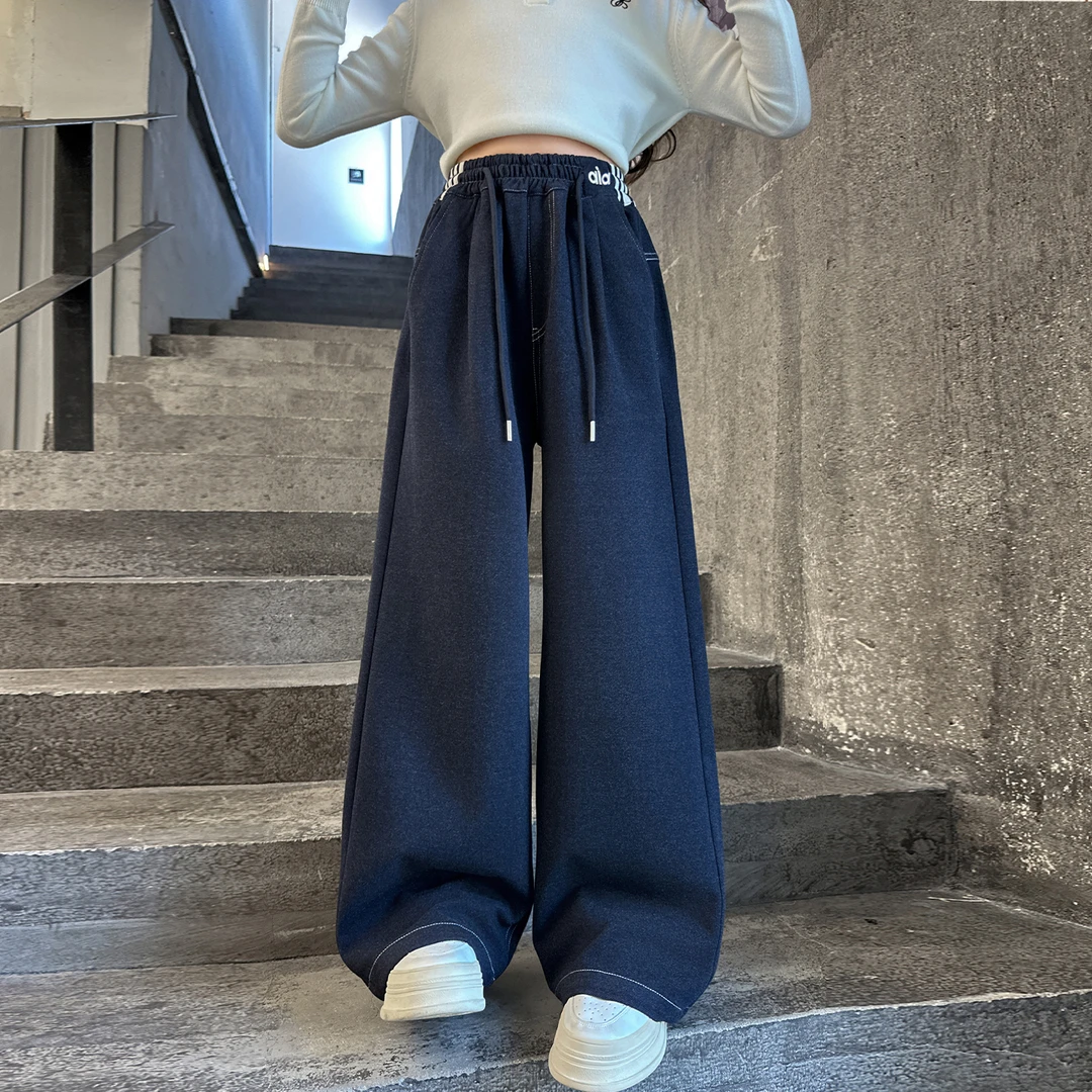 女童秋季新款时尚腰拉条休闲裤2025女大童洋气宽松牛仔裤女孩时髦
