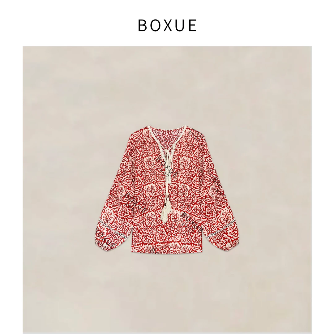 BOXUE”繁花”2025夏季新款高级感100苎麻抽绳小花 T恤#250527T2697